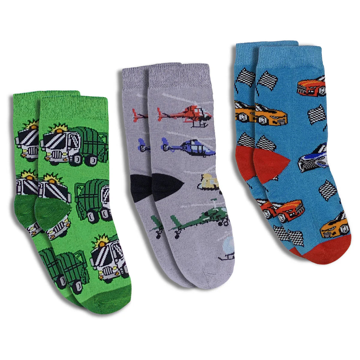 Trucks, Helicopters and Race Cars Kids Socks 3-pack