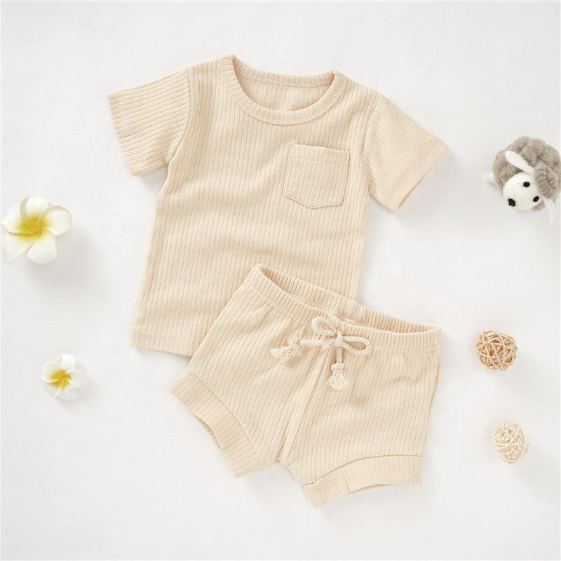 Ribbed short-sleeve & shorts set - Cream