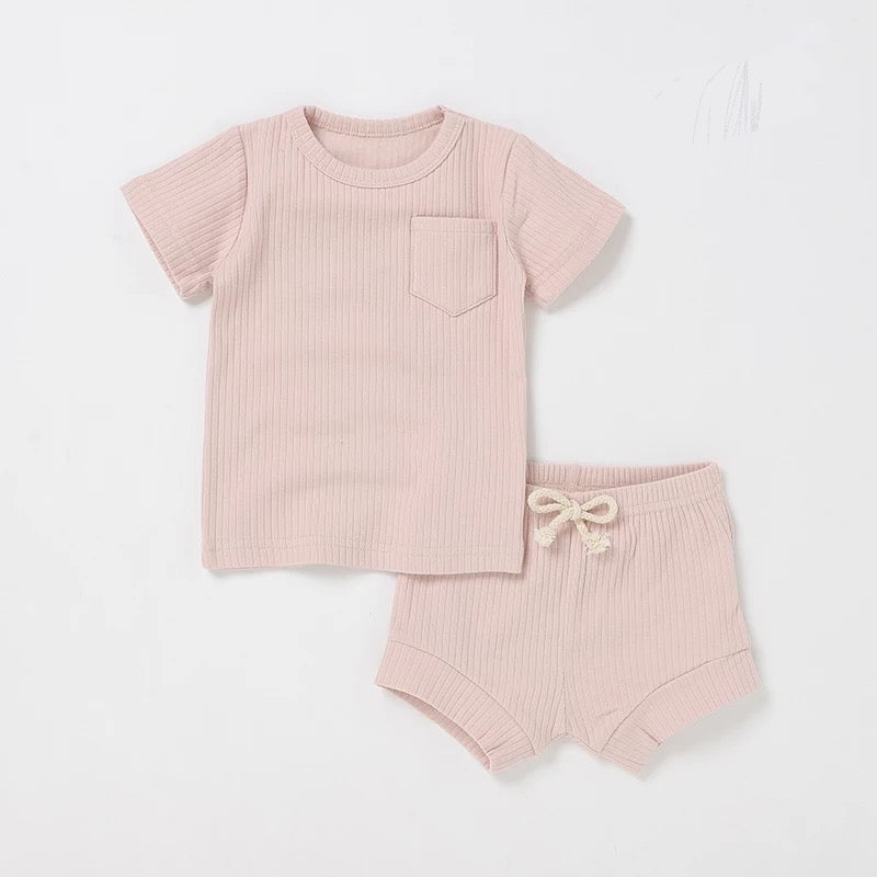 Ribbed short-sleeve & shorts set - Blush