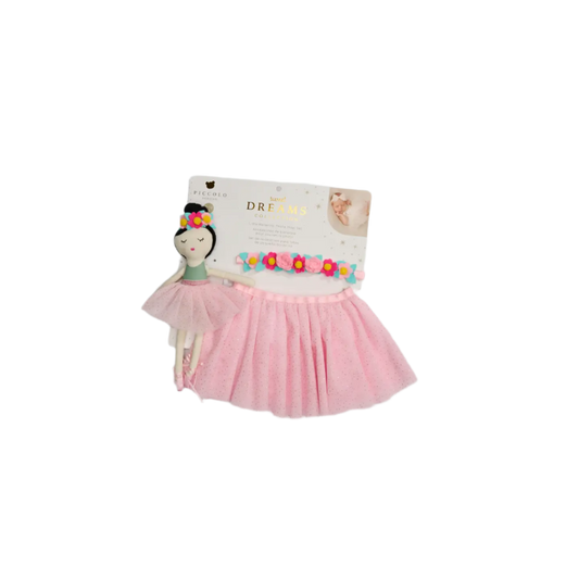 Tutu Set with Flower Headband & Doll - Pink