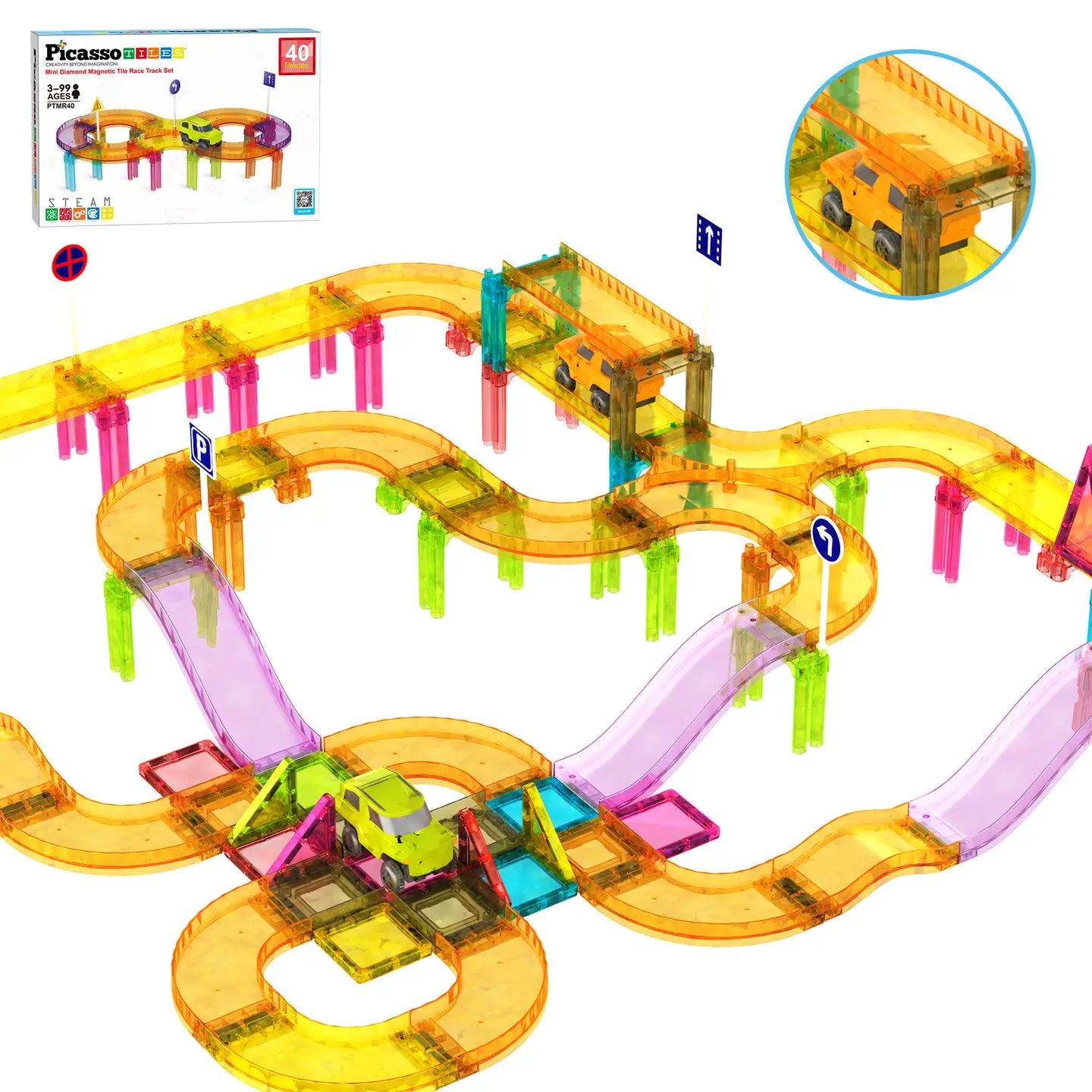 Magnetic Racing Tile Track Set Led Car Travel Size (40pc)