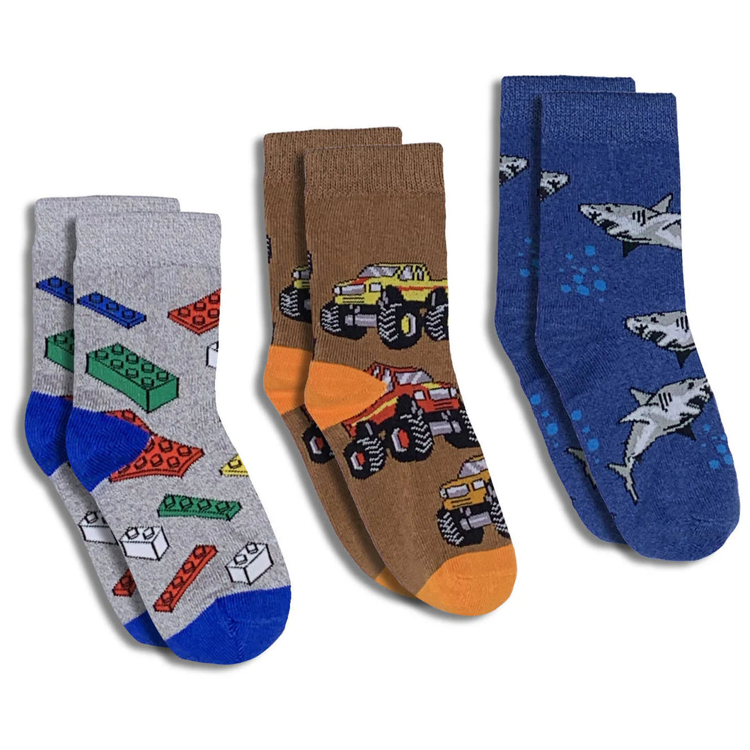 Building Blocks, Monster Trucks and Sharks Kids Socks 3-pack