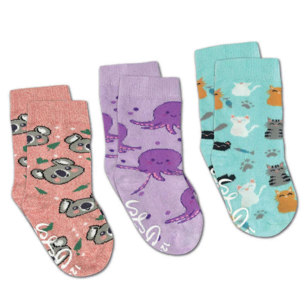 Cats, Koala, and Octopus Kids Socks 3-pack