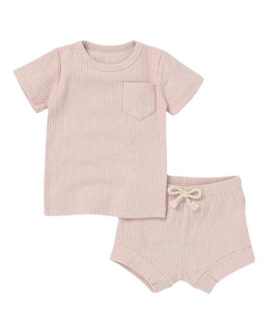 Ribbed short-sleeve & shorts set - Blush