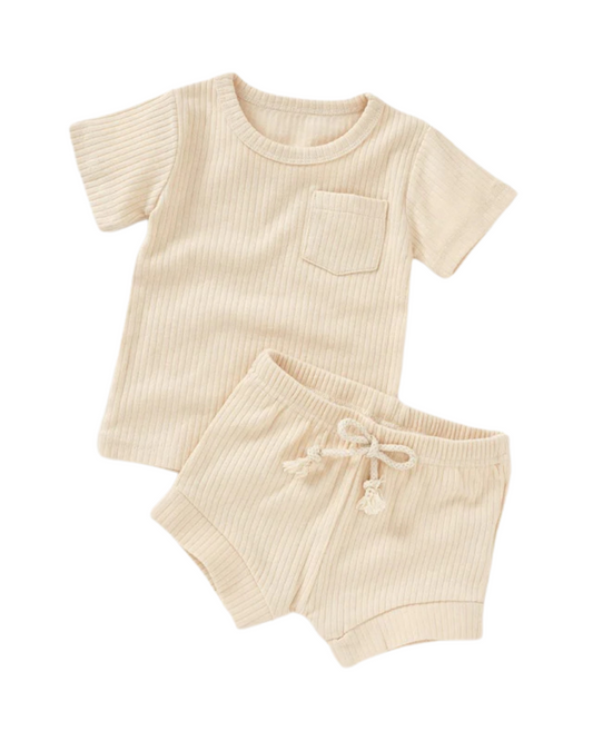Ribbed short-sleeve & shorts set - Cream