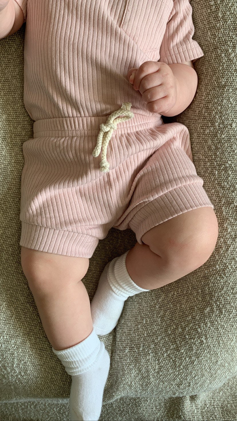 Ribbed short-sleeve & shorts set - Blush